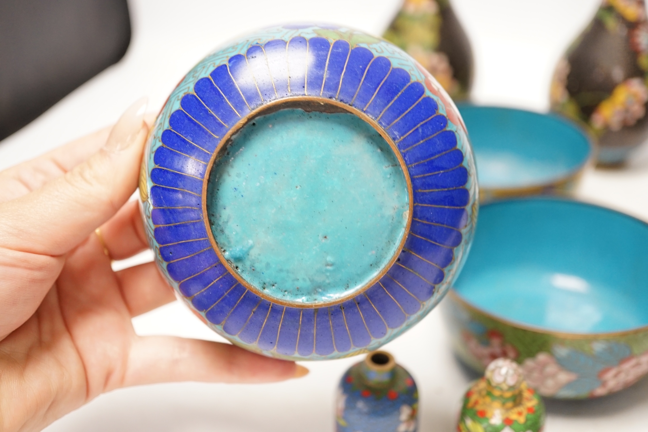 A Japanese Arita bowl and a quantity of Japanese and Chinese cloisonné enamel wares, tallest 17cm. Condition - fair